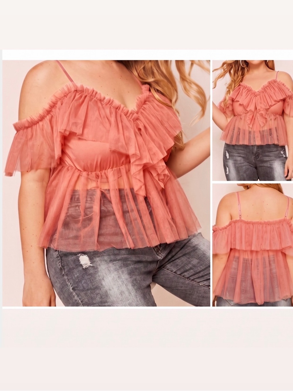 Shein Curve Tulle Off The Shoulder Ruffle V Neck Sheer Blouse Top